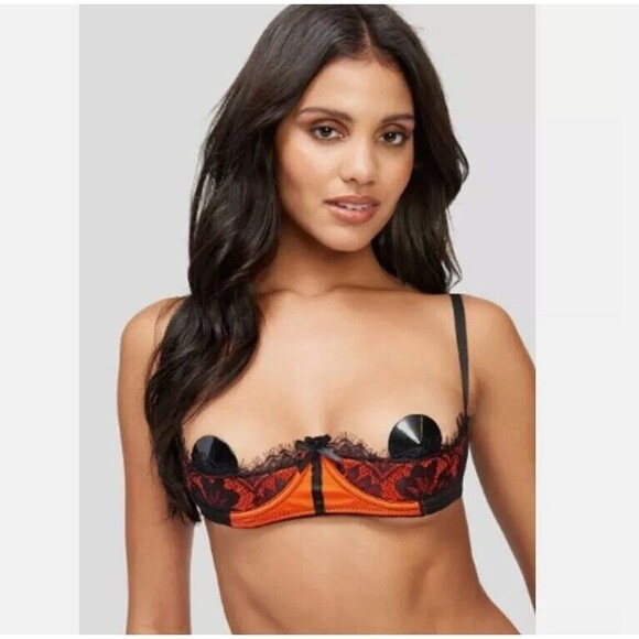 Fredericks of Hollywood Open Cup Bra SMALL 12 32C 34B Lux Satin Orange Lace Sexy - Picture 2 of 10